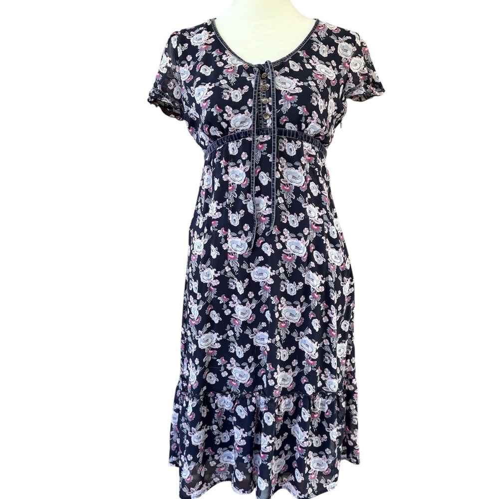 Vintage 90s Y2K ESPRIT Dress Blue Floral Womens Size 4 Distressed Velvet Ribbon